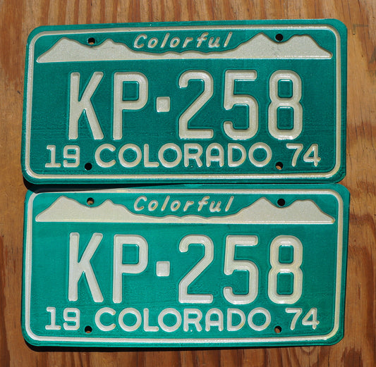 ONE or MORE - 1974 COLORFUL COLORADO License Plate PAIR / SET - MINT ORIGINAL