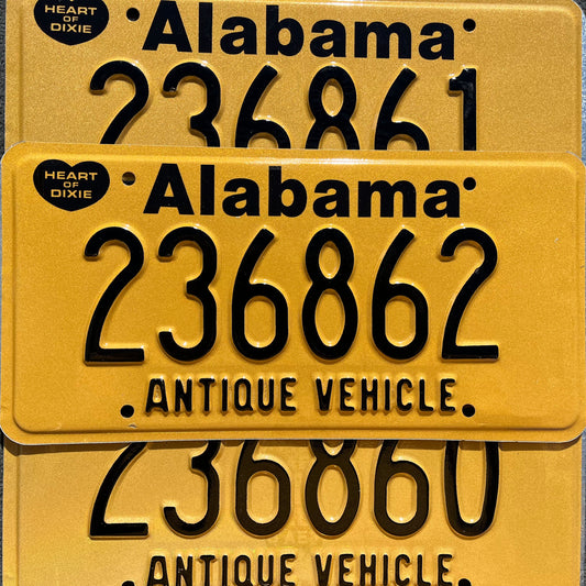 Alabama ANTIQUE VEHICLE Yellow License Plate Heart of Dixie