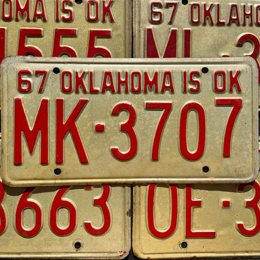 1967 OKLAHOMA IS OK Vintage Embossed  License Plate Tags RED Letters