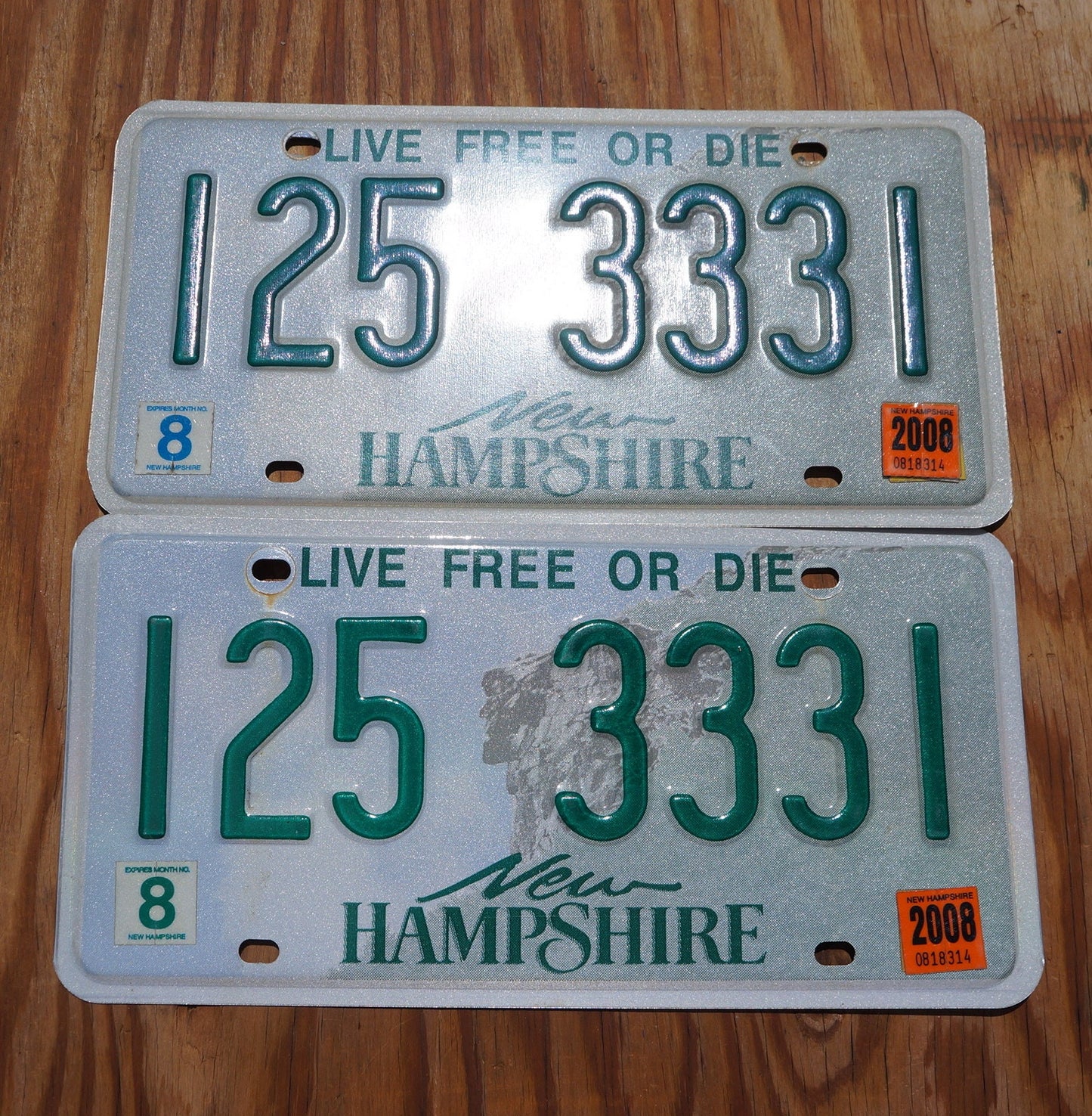 2008 New Hampshire license plate SET / PAIR # 125 3331