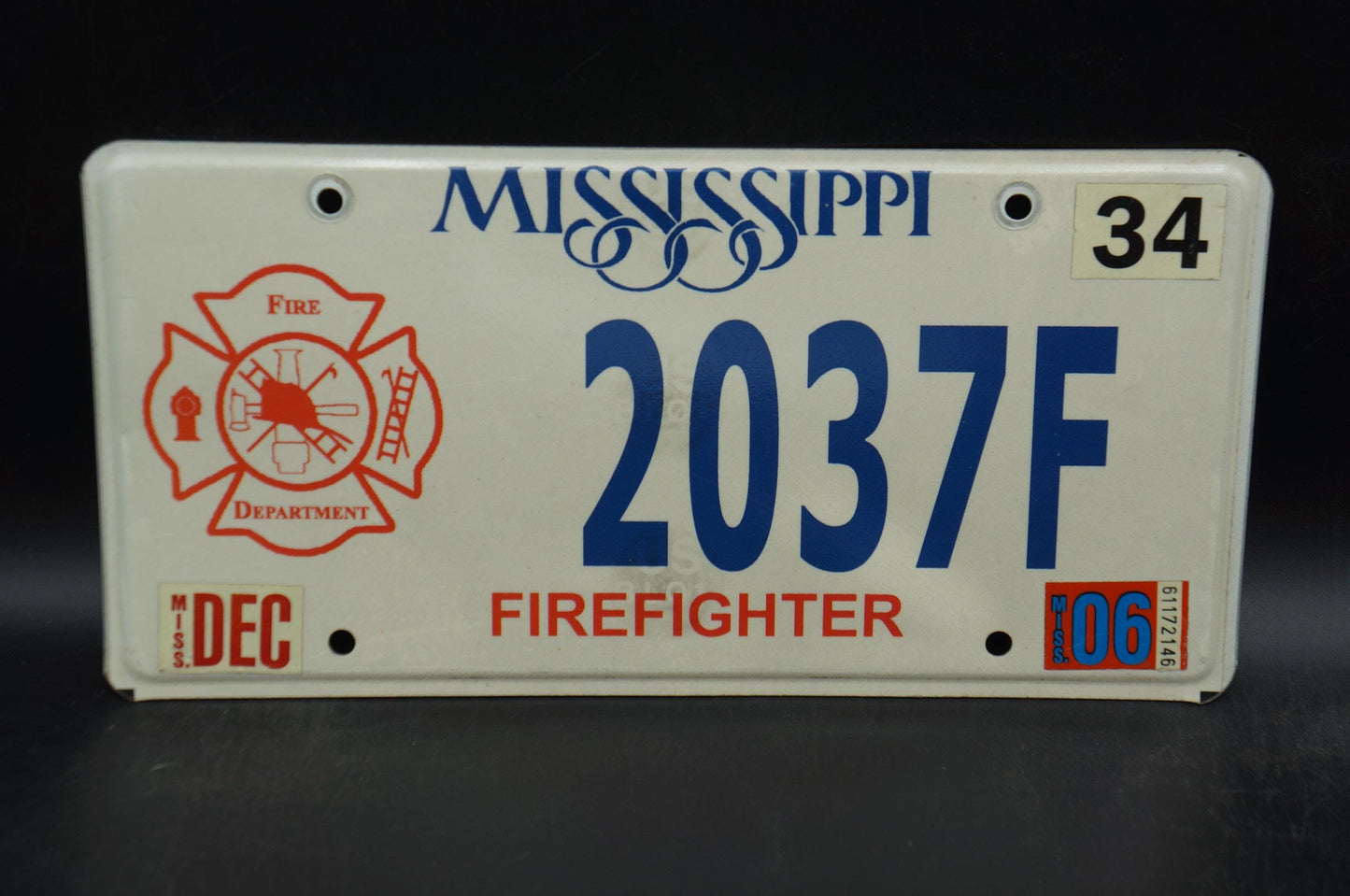 2006 Mississippi Firefighter License Plate Fire Department