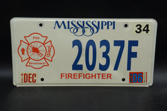 2006 Mississippi Firefighter License Plate Fire Department