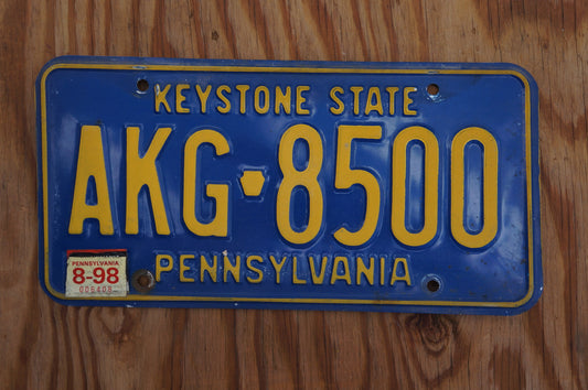 1998 Pennsylvania KEYSTONE STATE Blue License Plate # AKG - 8500