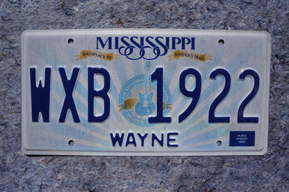 Mississippi Embossed Guitar License Plate # WXB 1922