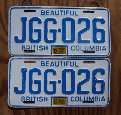 1972 British Columbia License Plate PAIR: Vintage Canada Tag Set