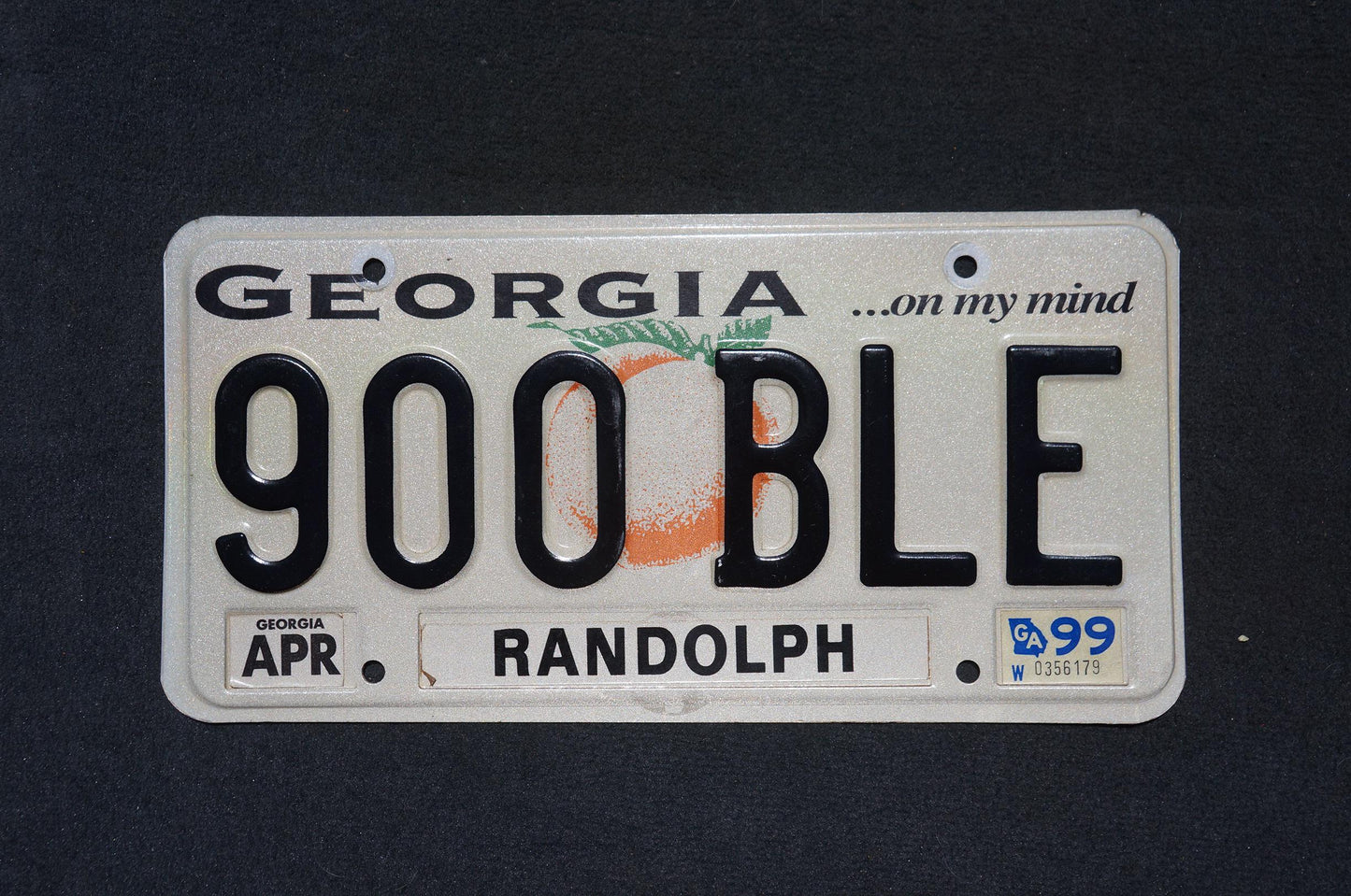 1999 Georgia On My Mind Peach License Plate RANDOLPH County # 900 BLE