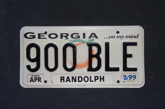 1999 Georgia On My Mind Peach License Plate RANDOLPH County # 900 BLE