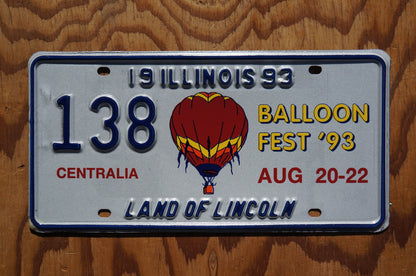 1993 Illinois License Plate Hot Air BALLOON FESTIVAL Centralia # 138