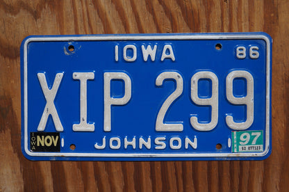 1986 1997 Iowa JOHNSON License Plate Blue  # XIP - 299