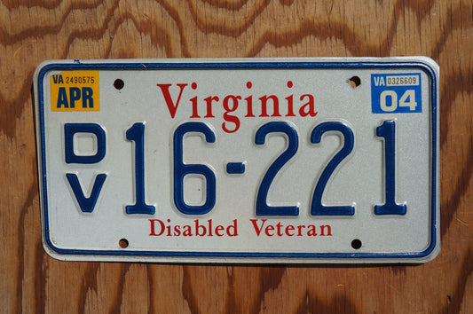 2004 Virginia DISABLED VETERAN Vintage License Plate # DV 16 - 221