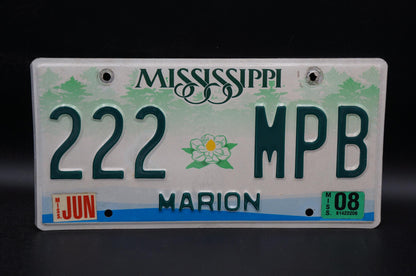2008 Mississippi Embossed Green White Magnolia Flower License Plate # 222 MPB