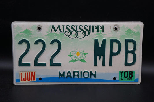 2008 Mississippi Embossed Green White Magnolia Flower License Plate # 222 MPB
