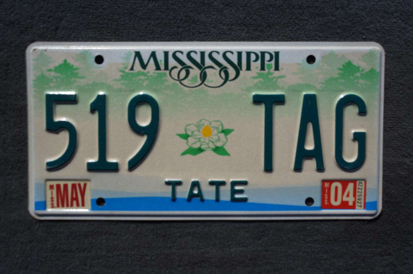 2004 Mississippi Embossed Green White Magnolia Flower License Plate # 519 TAG