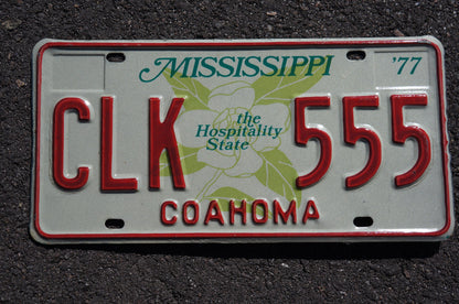 1977 Mississippi Magnolia Flower Graphic The Hospitality State License Plate COAHOMA County # CLK 555
