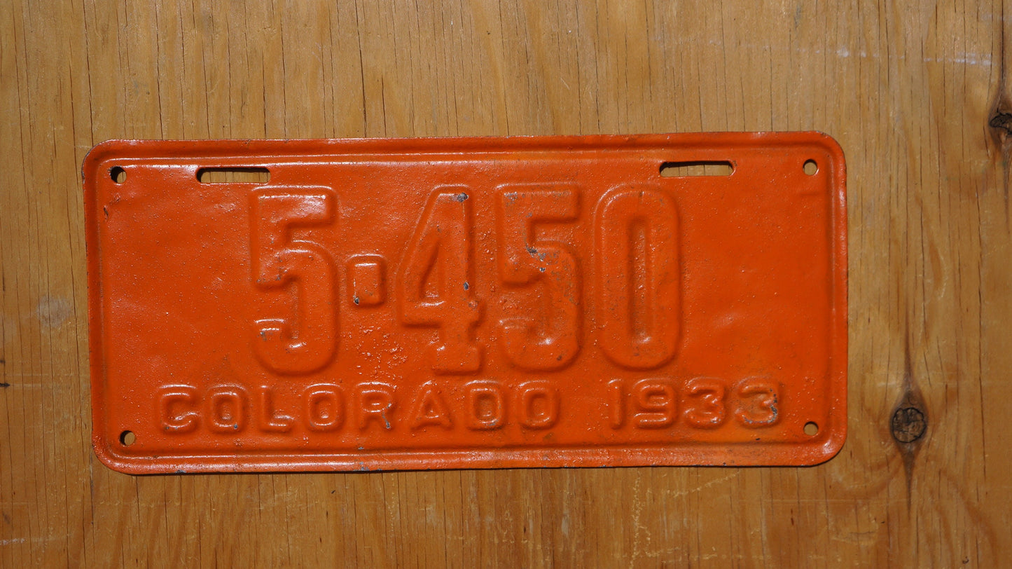 1933 Colorado Orange License Plate LOW # 5 - 450