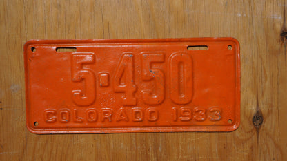 1933 Colorado Orange License Plate LOW # 5 - 450