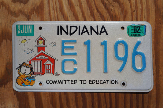 2002 Indiana COMMITTED TO EDUCATION Graphic License Plate - Garfield Cat School