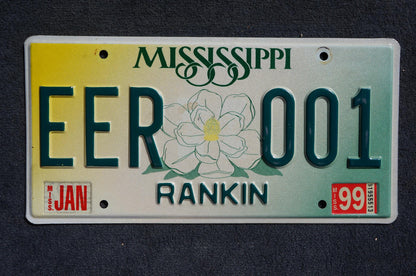 1999 Mississippi Embossed Green White Magnolia Flower License Plate LOW NUMBER # EER 001