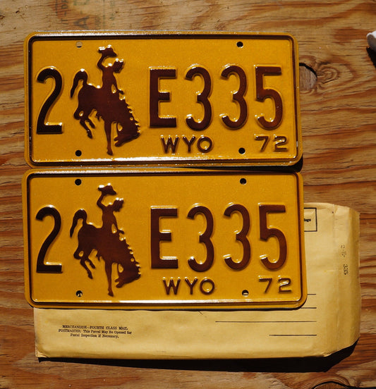 1972 Wyoming Cowboy Horse License Plate Pair - Brown & Yellow