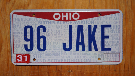 Ohio Vanity Hamilton County License Plate # 96 JAKE