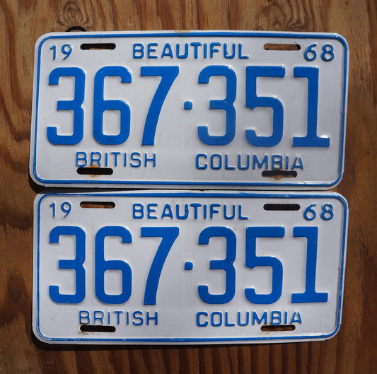 1968 British Columbia License Plate PAIR: Vintage Canada Tag Set