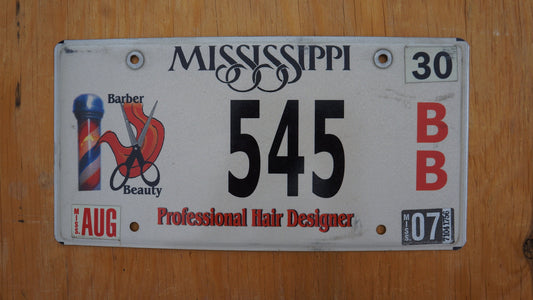 2007 Mississippi Professional Hair Designer Barber Beauty Scissors Graphic License Plate # 545