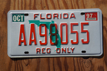 1997 Florida State Shape Vintage License Plate - REG ONLY # AA 98055