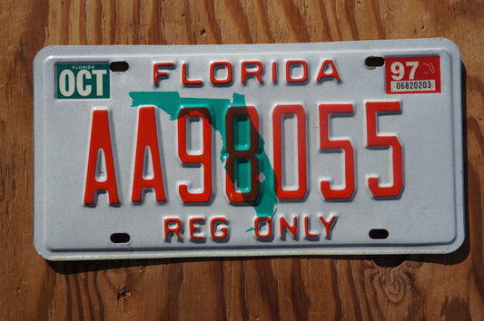 1997 Florida State Shape Vintage License Plate - REG ONLY # AA 98055