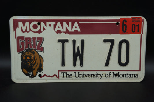 Montana License Plate University of Montana GRIZ Football # TW 70