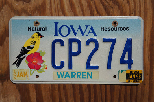 1998 Iowa NATURAL RESOURCES Graphic License Plate - Yellow Bird Red Flower