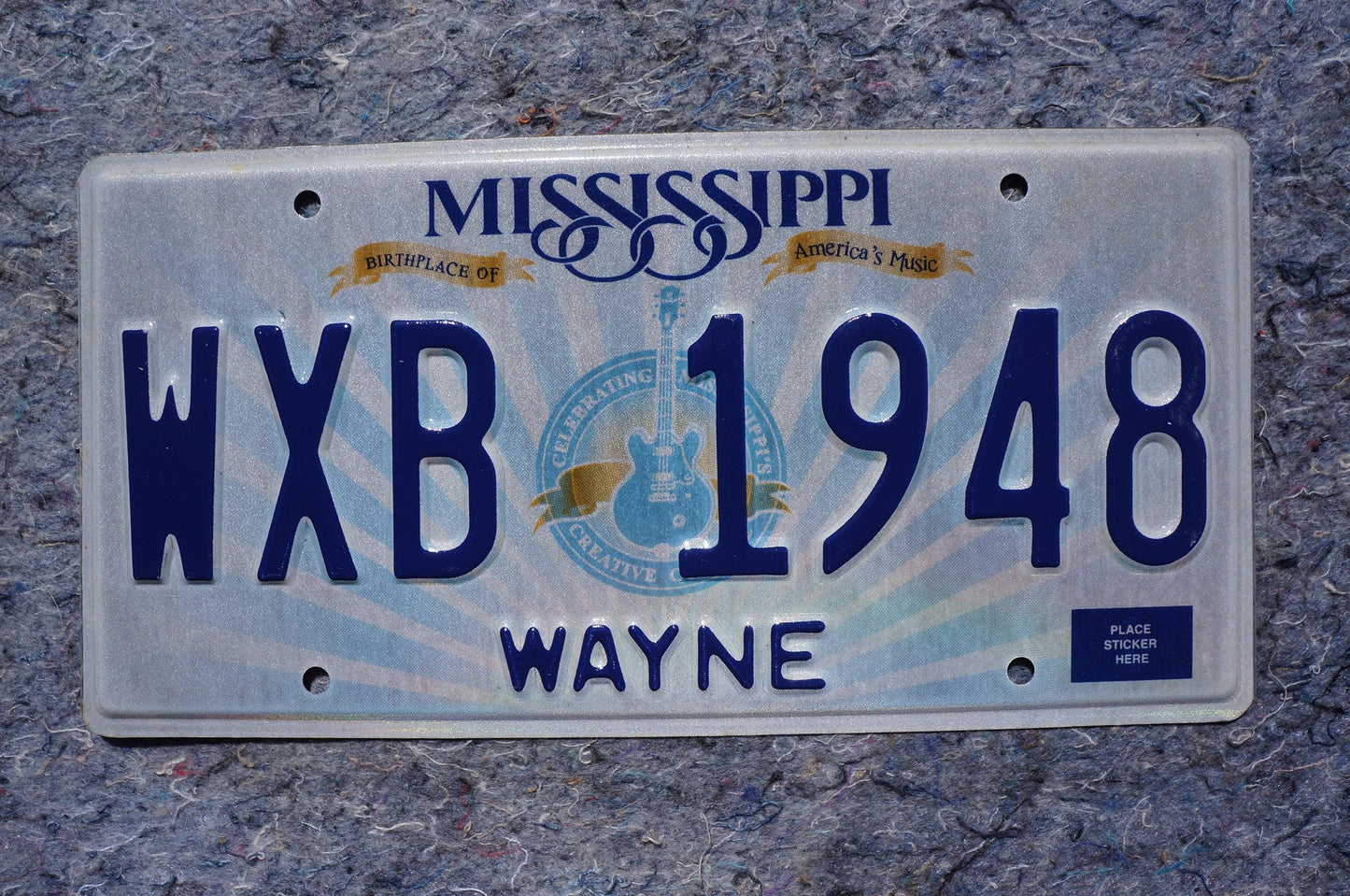 Mississippi Embossed Guitar License Plate # WXB 1948