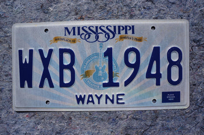Mississippi Embossed Guitar License Plate # WXB 1948