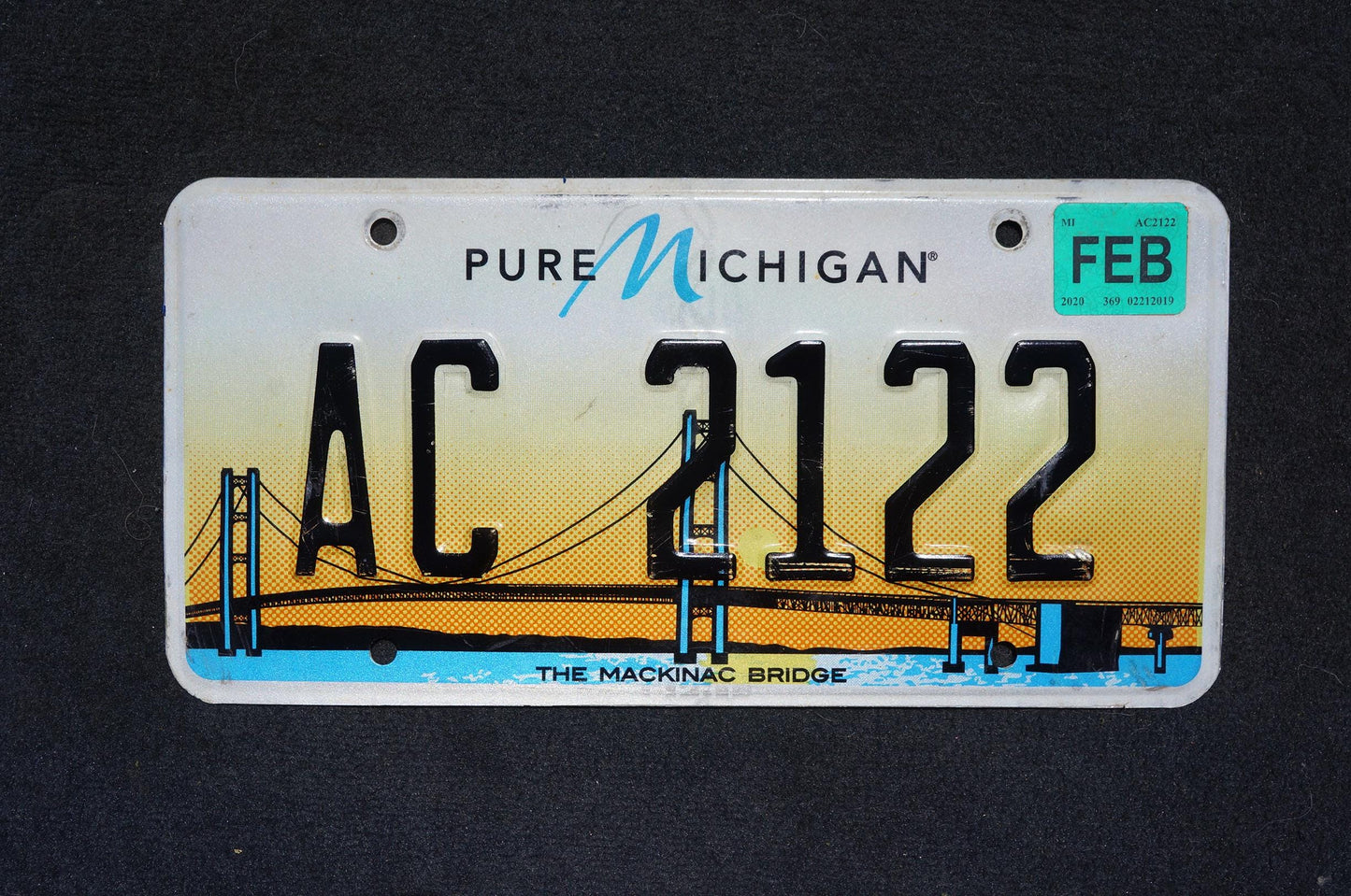 2020 Michigan The MACKINAC BRIDGE Orange License Plate # AC 2122