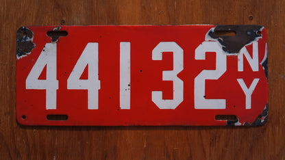 1912 NEW YORK Porcelain Red License Plate # 44132 Orignial