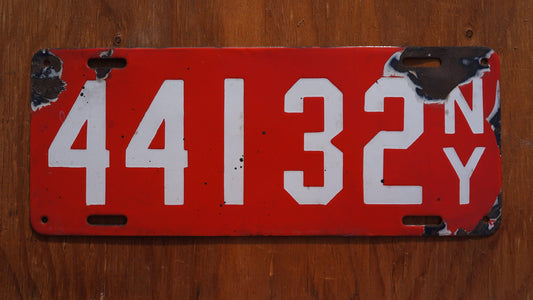 1912 NEW YORK Porcelain Red License Plate # 44132 Orignial