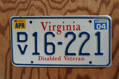 2004 Virginia DISABLED VETERAN Vintage License Plate # DV 16 - 221