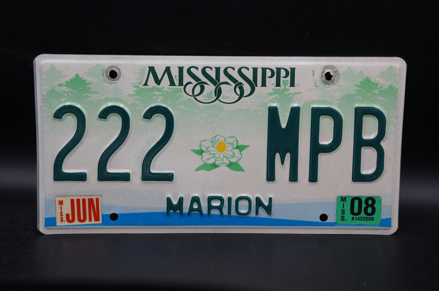 2008 Mississippi Embossed Green White Magnolia Flower License Plate # 222 MPB