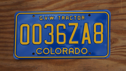 Mint Colorado GVW TRACTOR Blue Vintage License Plate