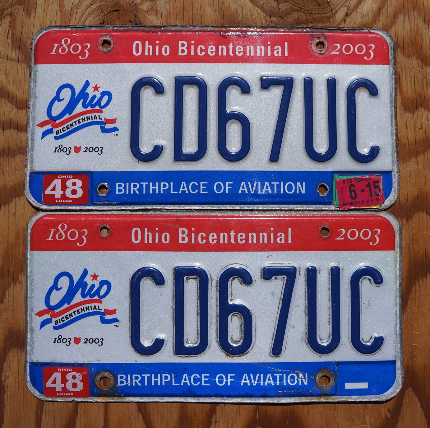 2003 Ohio BICENTENNIAL License Plate Pair / Set - Red White Blue