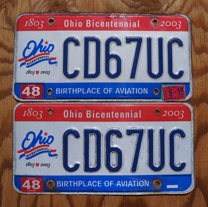2003 Ohio BICENTENNIAL License Plate Pair / Set - Red White Blue