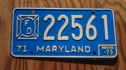 1971 to 1975 Maryland Firefighter Fire Department Blue License Plate # 22561