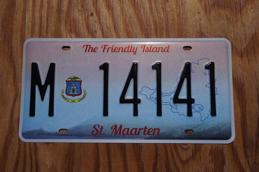 St Maarten Passenger License Plate # M - 14141 The Friendly Island, part of Netherlands Caribbean island