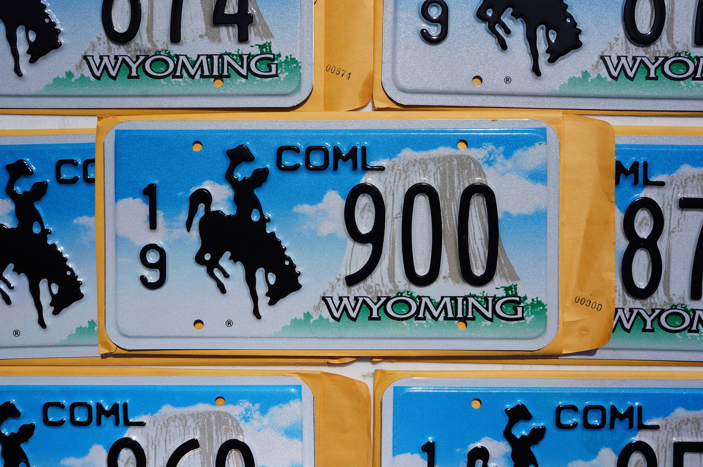 One or More Embossed WYOMING Cowboy & Horse Commercial License Plate + Envelope