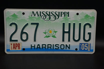 2005 Mississippi Embossed Green White Magnolia Flower License Plate # 267 HUG