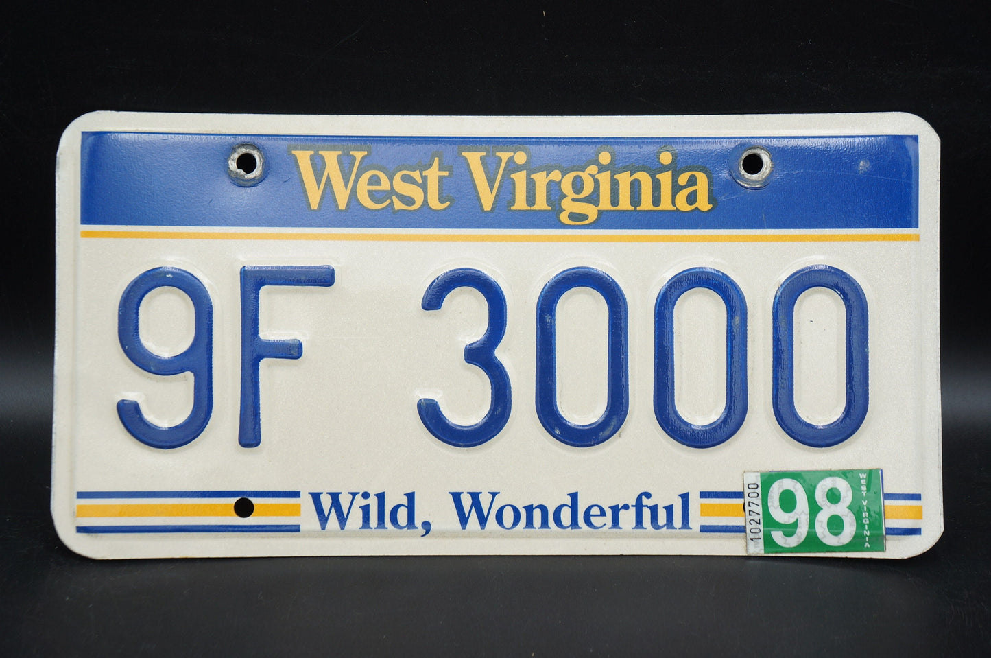 1998 West Virginia License Plate # 9F 3000 - Wild, Wonderful