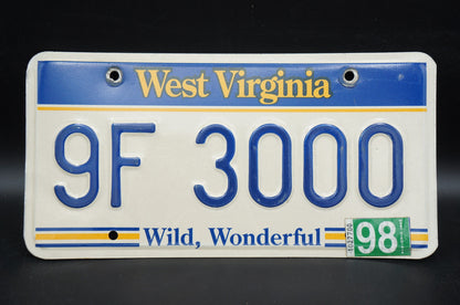 1998 West Virginia License Plate # 9F 3000 - Wild, Wonderful