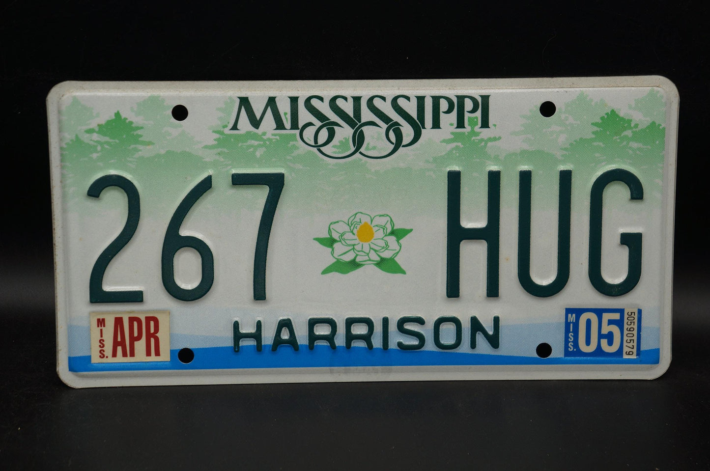2005 Mississippi Embossed Green White Magnolia Flower License Plate # 267 HUG