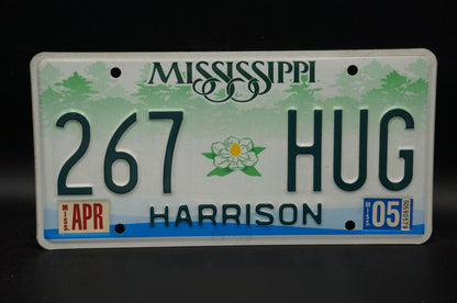 2005 Mississippi Embossed Green White Magnolia Flower License Plate # 267 HUG