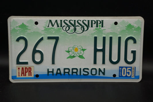 2005 Mississippi Embossed Green White Magnolia Flower License Plate # 267 HUG