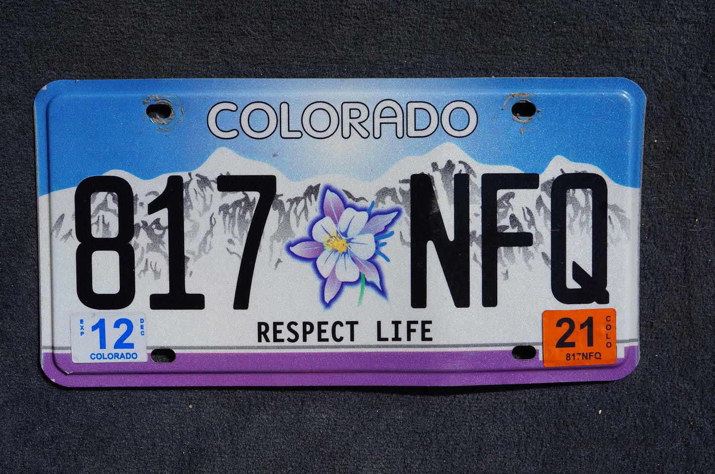 2021 Colorado License Plate RESPECT LIFE Columbine Flower Snow Mountains